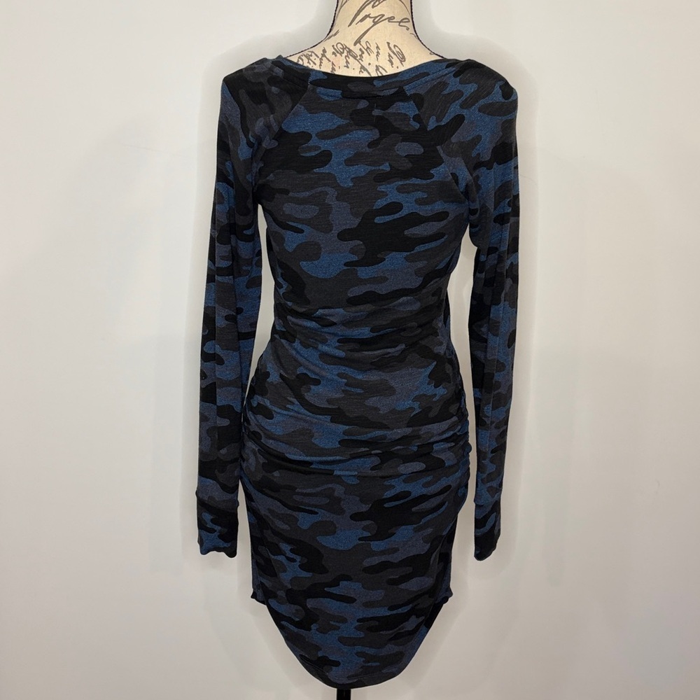 Sundry stretch ruched sweatshirt dress French terry backing blue camouflage XS - Picture 4 of 7